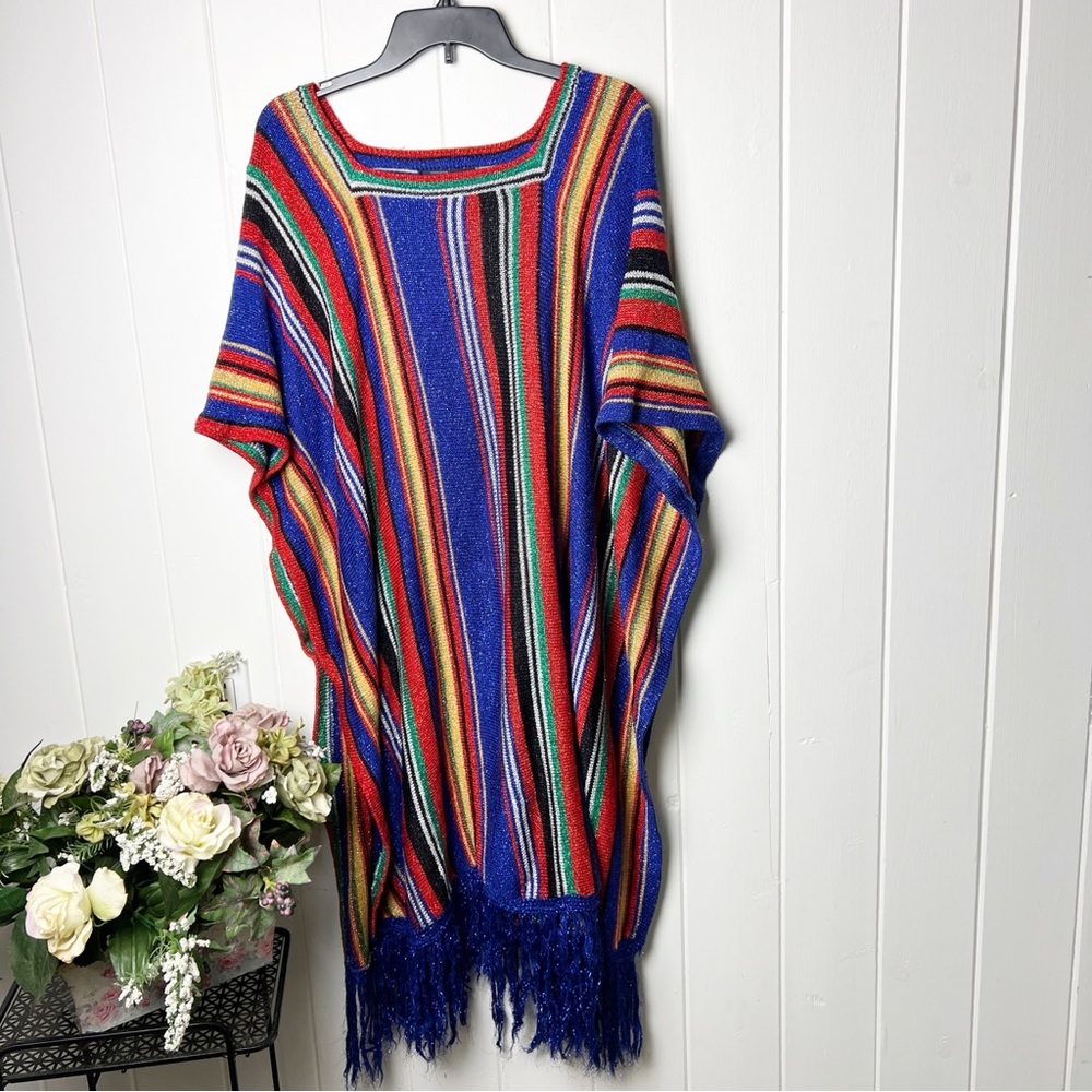 Vintage Renee Tener for Outlander Wool Blend Southwestern Boho Striped Poncho OS